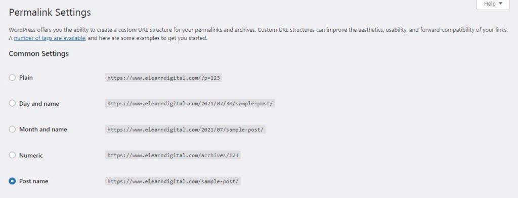 Permalink settings for SEO Friendly URL Structure